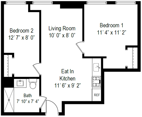 Floor plan for 2 beds, 1 bath, 452 sqft